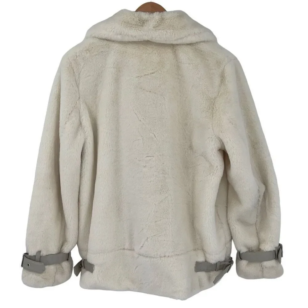 Lauren‎ Ralph Lauren Asymmetric Faux Fur Moto Coat Women Medium Cream Lined - Picture 6 of 12